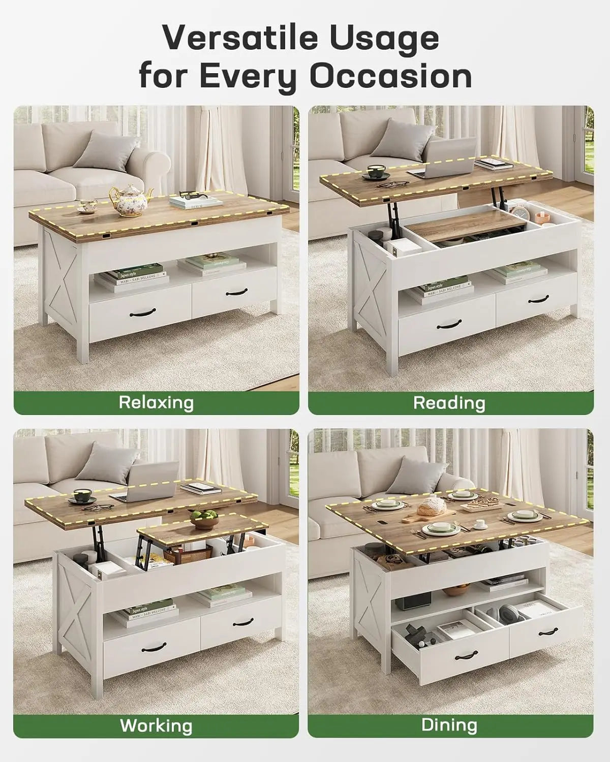 40" Lift Top Coffee Table, 4 in 1 Coffee Table with Hidden Compartment,  Multifunctional Farmhouse Center Tables