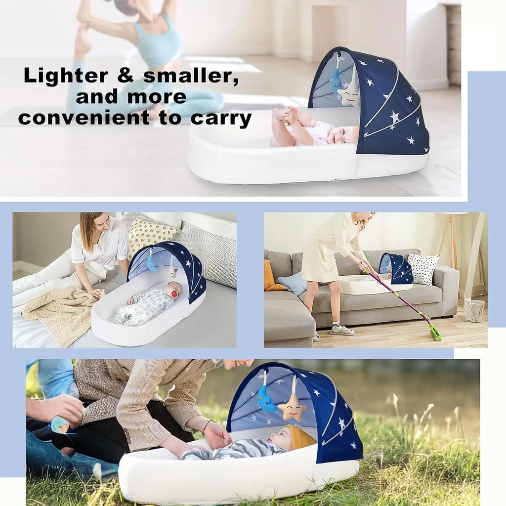 Large Portable Baby Lounger with Canopy & Mosquito Net, Lightweight Foldable Bassinet, Washable Cotton Cover, Blue