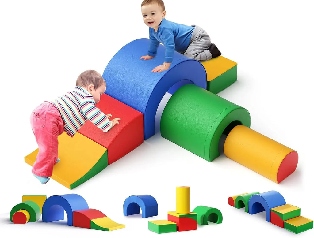 Foam Climbing Blocks, Soft Climbing Toys for Toddlers, 5 Pieces Crawl and Climb Foam Playset with Foldable Block and Tunnel, Ind