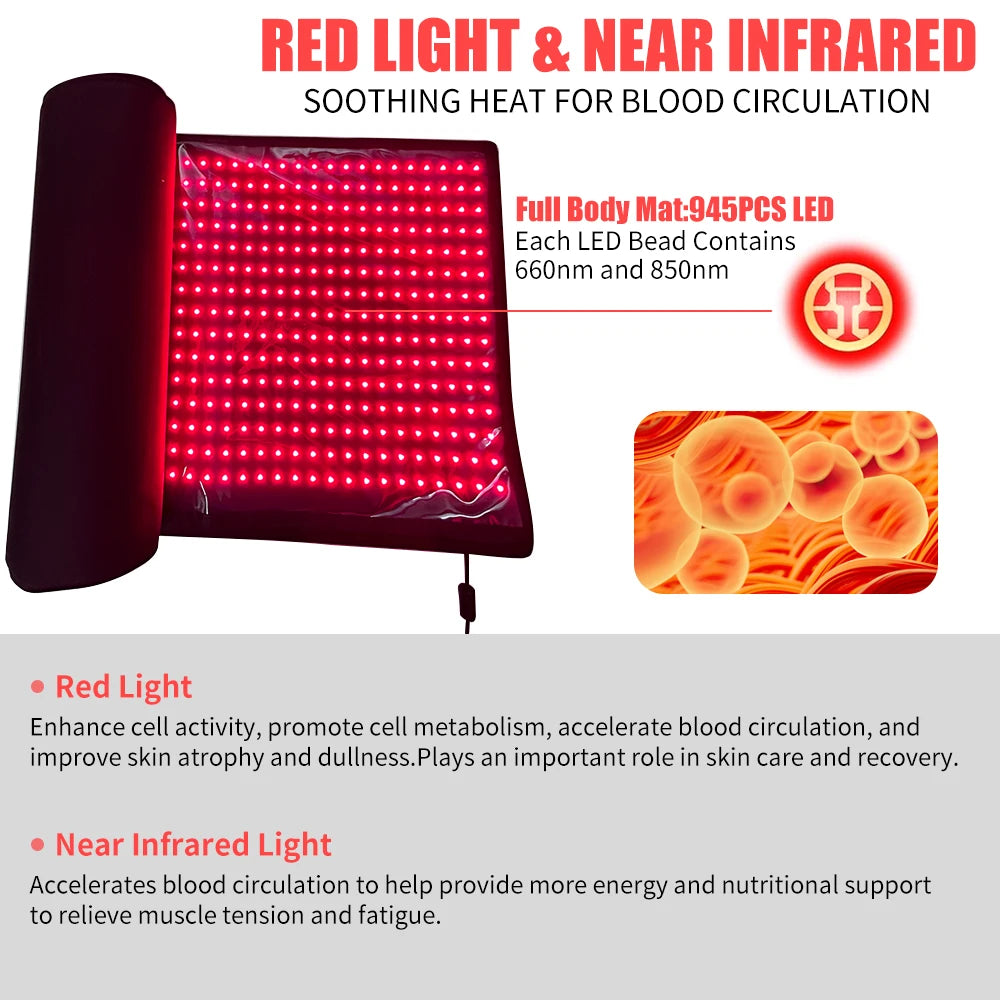 Red Light Mat Full Body 63" x 23.6" 945pcs LED Beads 660nm and 850nm Red Light Blanket Whole Body LED Light Relax Pad