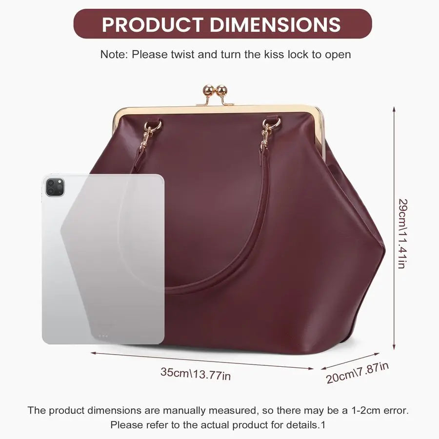 Womens Kiss Lock Bag PU Medium Top Handle Handbags Kiss Clasp Shoulder Bags Tote Purse Messenger Clutch