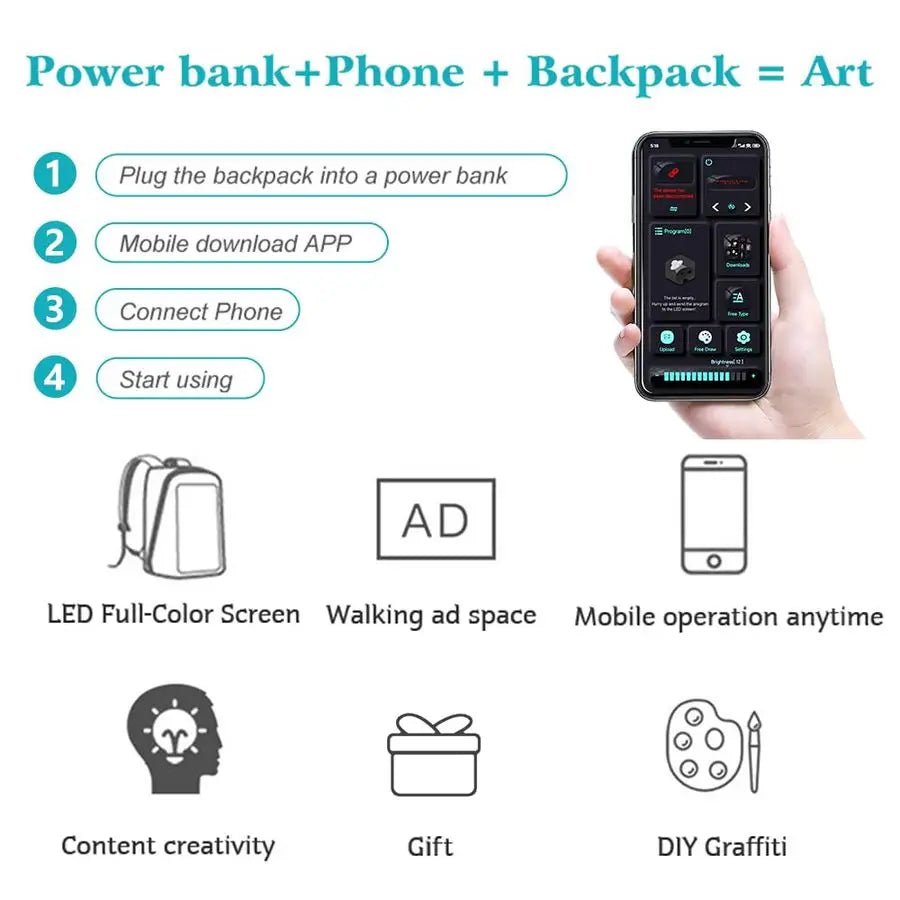 Backpack with Programmable Screen, App Control Led Laptop Backpack, Waterproof Led Bag, Travel, Motorcycle Backpack, Unique Gift