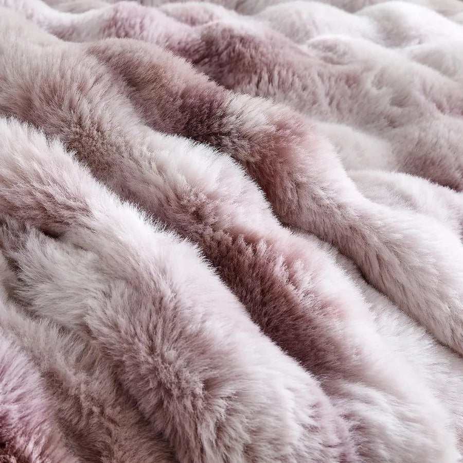 King Size 3 Pieces Fluffy Faux Rabbit Fur Bubble Comforter Set in Tie-Dye Pink Purple Warm Soft Plush Fuzzy Winter Bedding Set