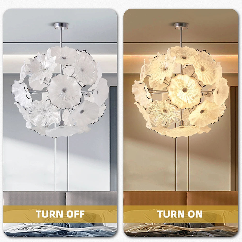 Longree Art Handmade Murano Glass Chandelier Flower Shaped LED Pendant Light for Home Entrance Hall Decorative Ceiling Lighting