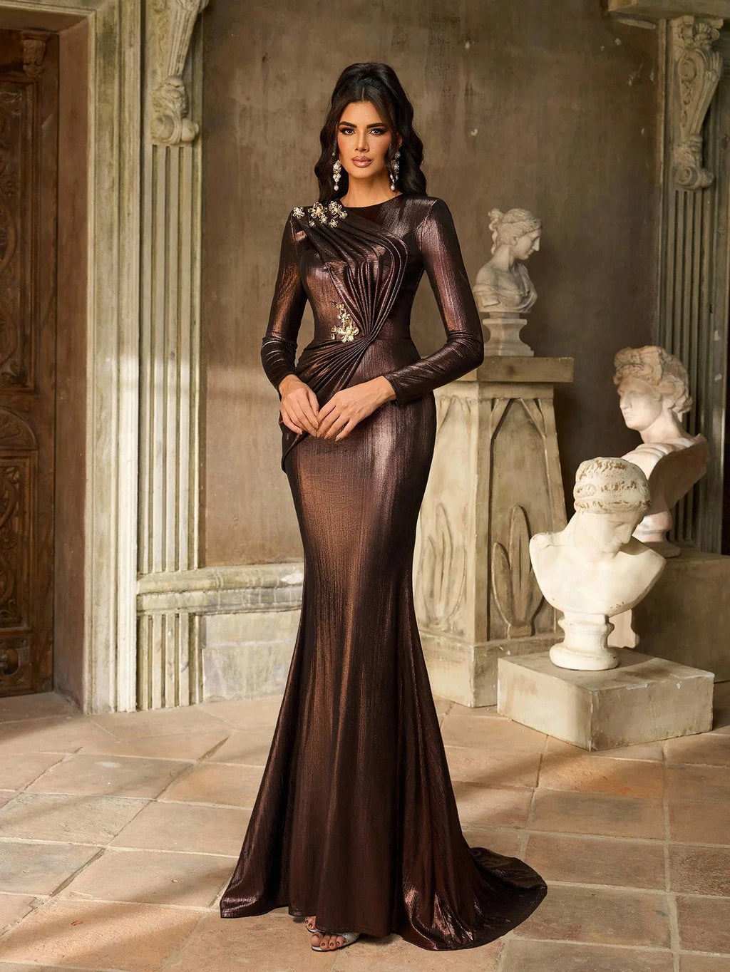 Elegant Deep Brown Metallic Long Sleeve Fishtail Evening Gown with 3D Floral Embellishments
