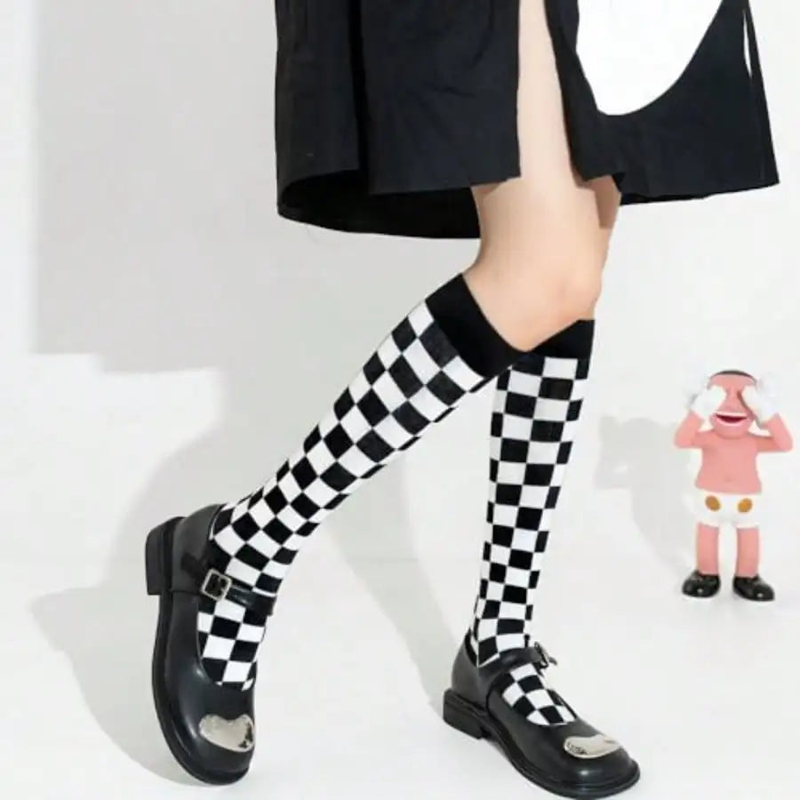 Black and White Checkered Knee High Socks for Women - Cotton Blend, Cute Knit Pattern, Athletic Style