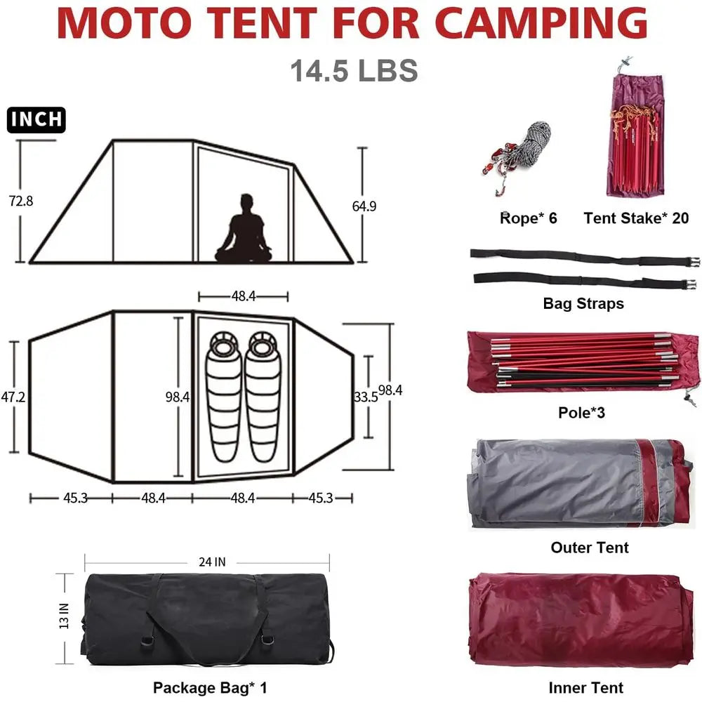2-Person Waterproof Camping Tent for Motorcycles, Ideal for Hiking and Backpacking Adventures