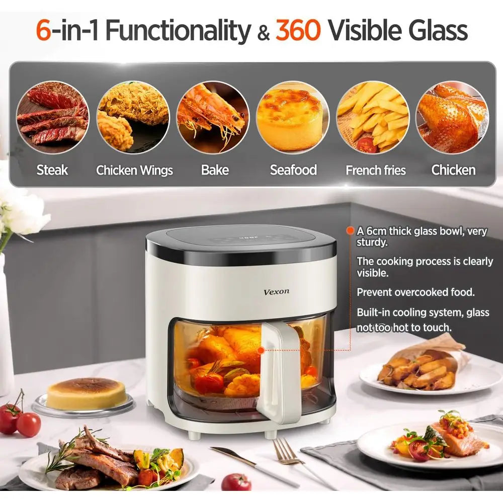 6-in-1 Glass Air Fryer, 4.5QT with Viewing Glass Pot, Roast, Reheat, Dehydrate, Air Crisp, 97% Less Oil, Digital Timer
