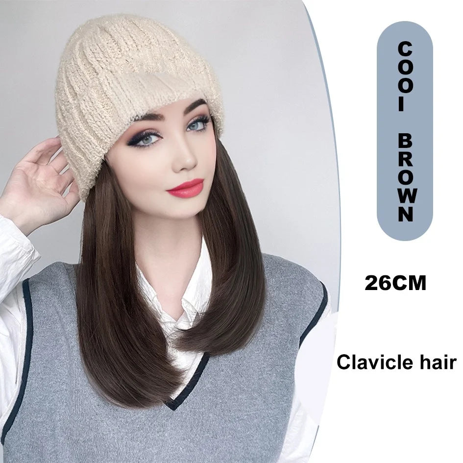 Synthetic 18 inch knitted hat with long curly hair hat wig, wavy wig, winter wig, beige/blue/coffee knitted hat Christmas outfit