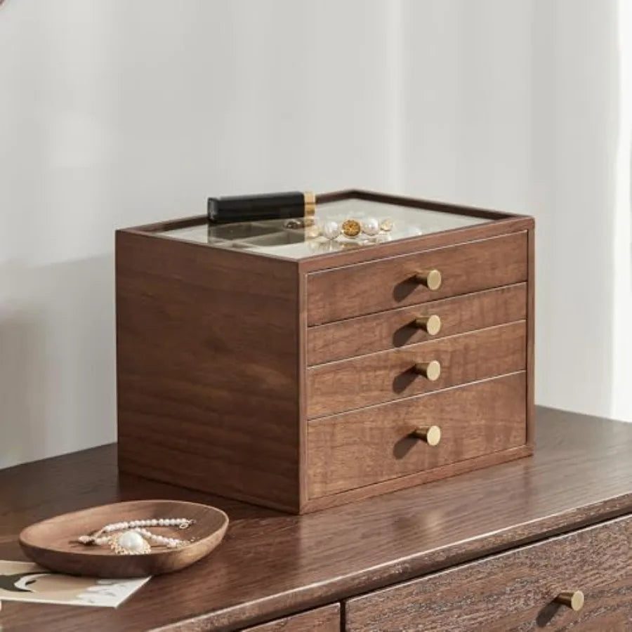 Black Walnut Wooden Jewelry Box for Women large 4 Layer Drawer Organizer Box with Glass Lid for Necklaces Watch Necklace Ring E