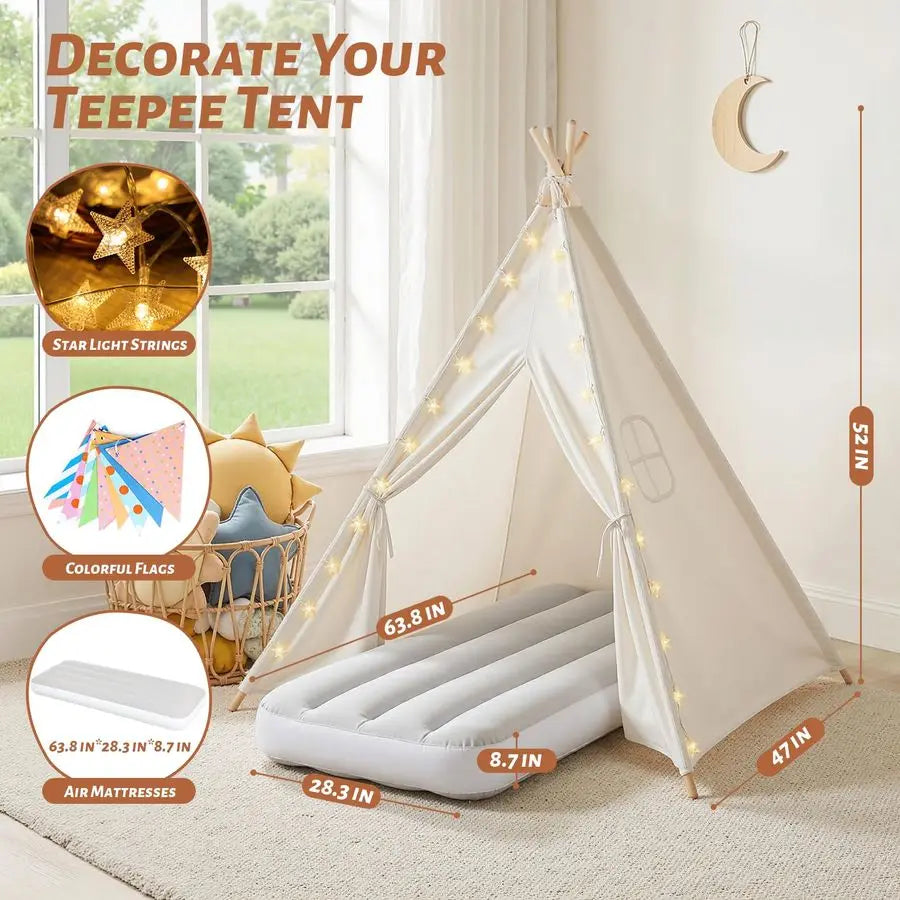 Pack Teepee Tent for Kids with Inflatable Airbed, Light, Indoor Toddler Sleepover Tents Children Room Tents for Slumber Party, O