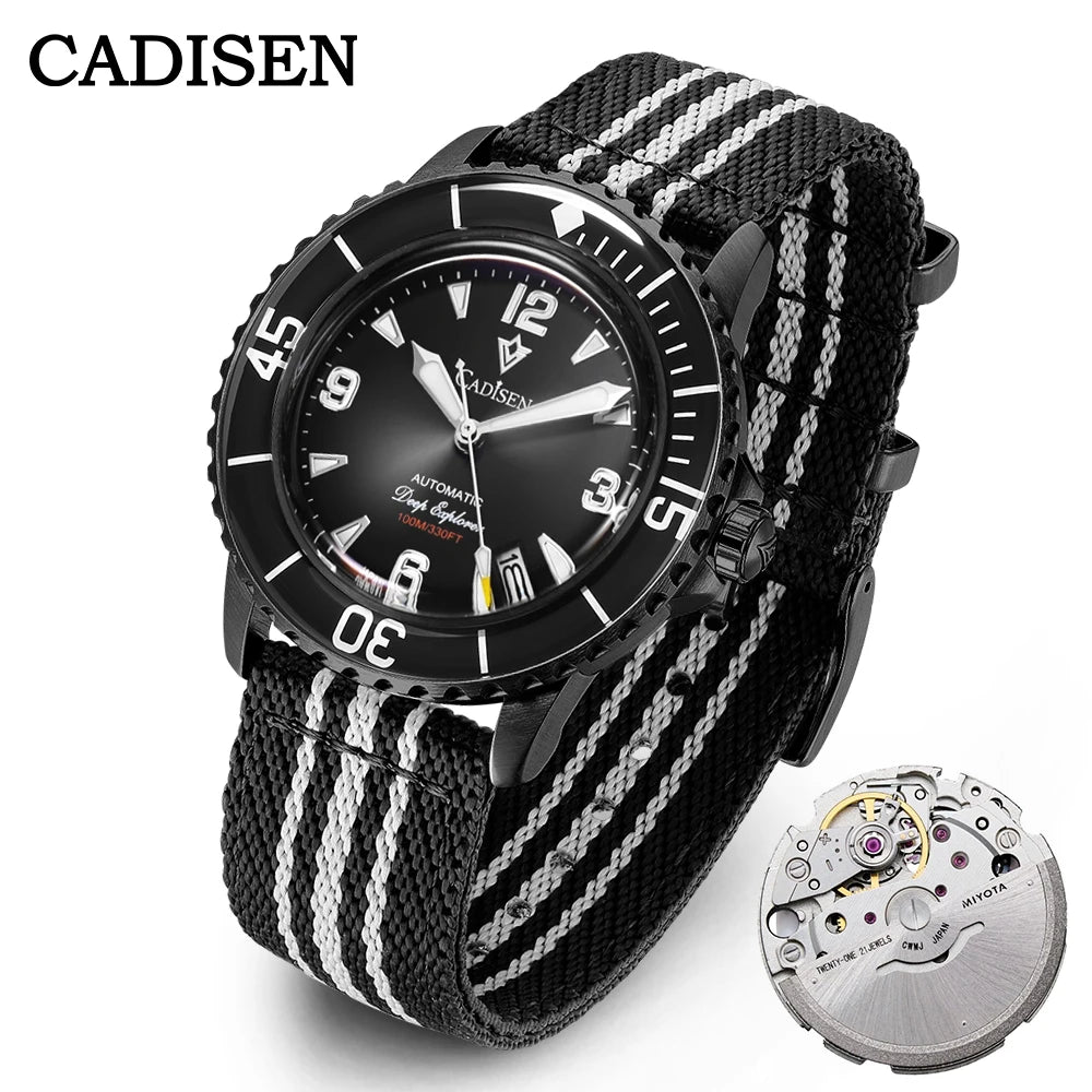 CADISEN Deep Explorer Automatic Mechanical Watch Man Canvas Strap Wristwatch MIYOTA 8215 Luxury Luminous 100M Waterproof Watches
