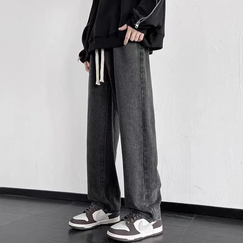 2025 New Korean Men's Casual Long Jeans Classic Man Straight Denim Wide-leg Pants Solid Color Light Blue Grey Black