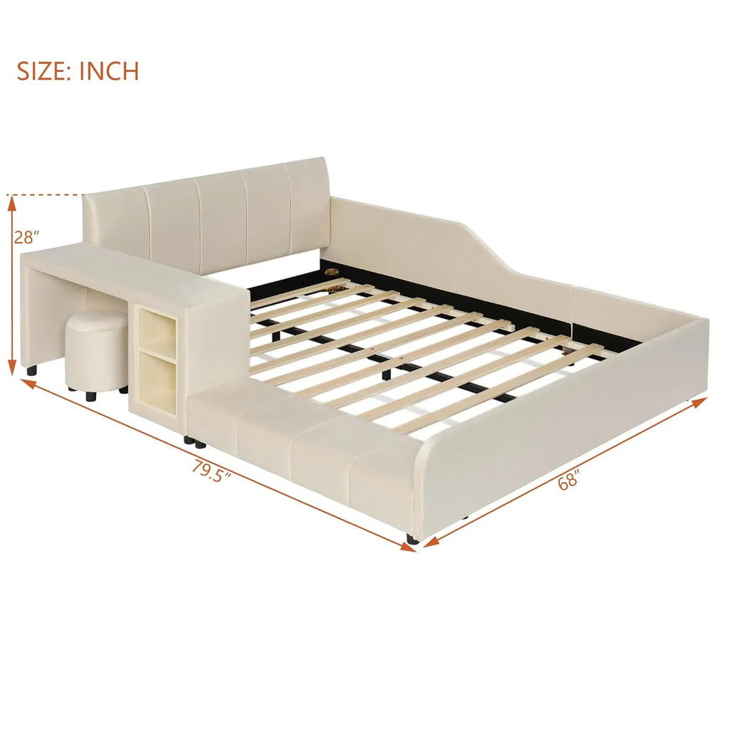 Velvet Upholstered Grounded Platform Bed, Wooden Full Size Mother & Child Bed Frame with Bedside Desk and Little, Customized