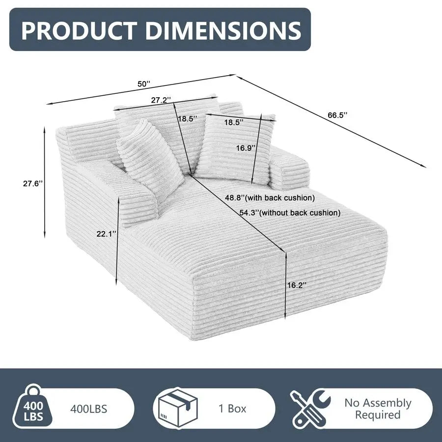 Oversized Chaise Lounge Chair Indoor, Corduroy Boneless Sleeper Sofa Couch Bed, Small Cloud Reading Chairs with Pillows for Livi