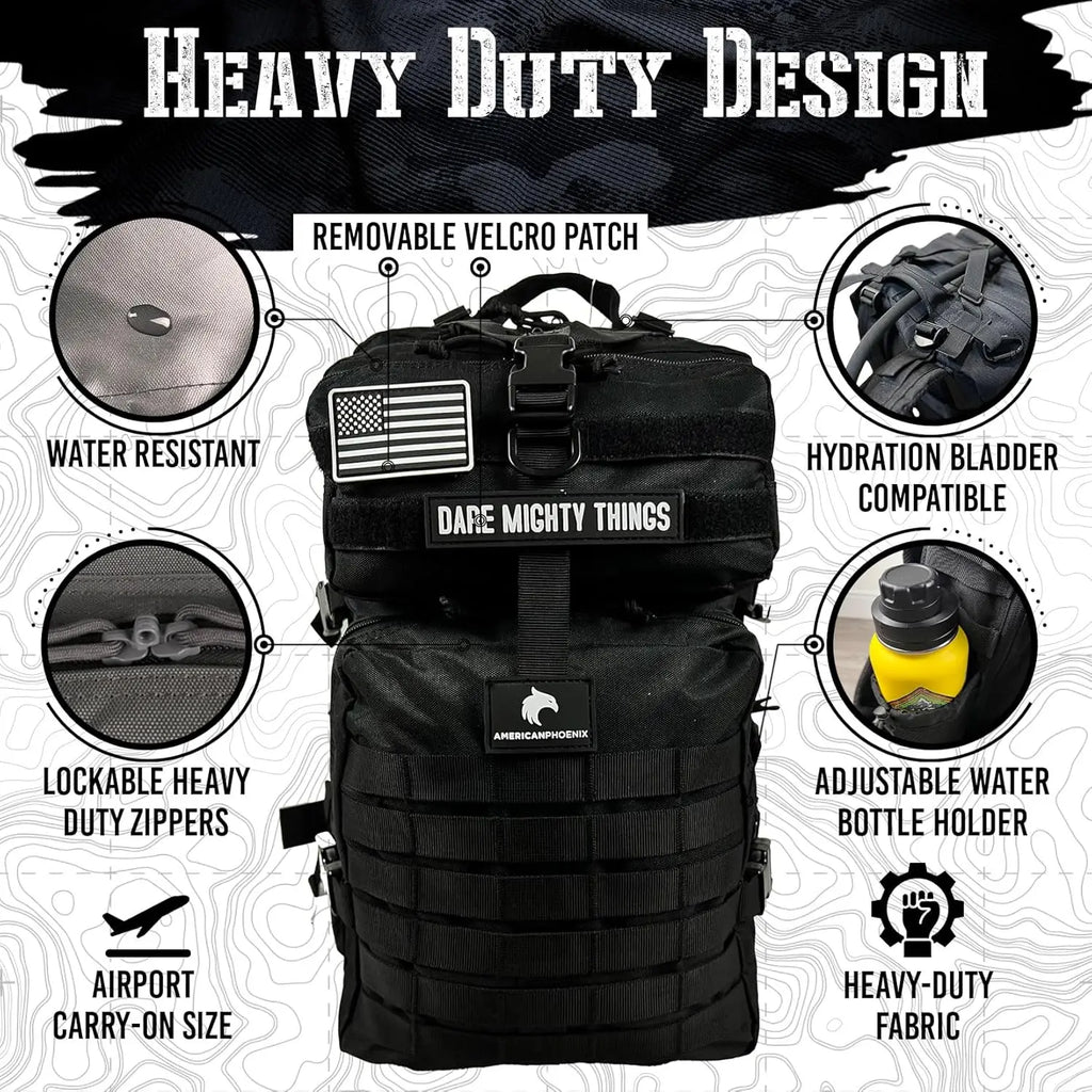 45L Elite Tactical Backpack, Water Resistant, Heavy Duty, 3 Day MOLLE Bug Out Bag - Carbon Black