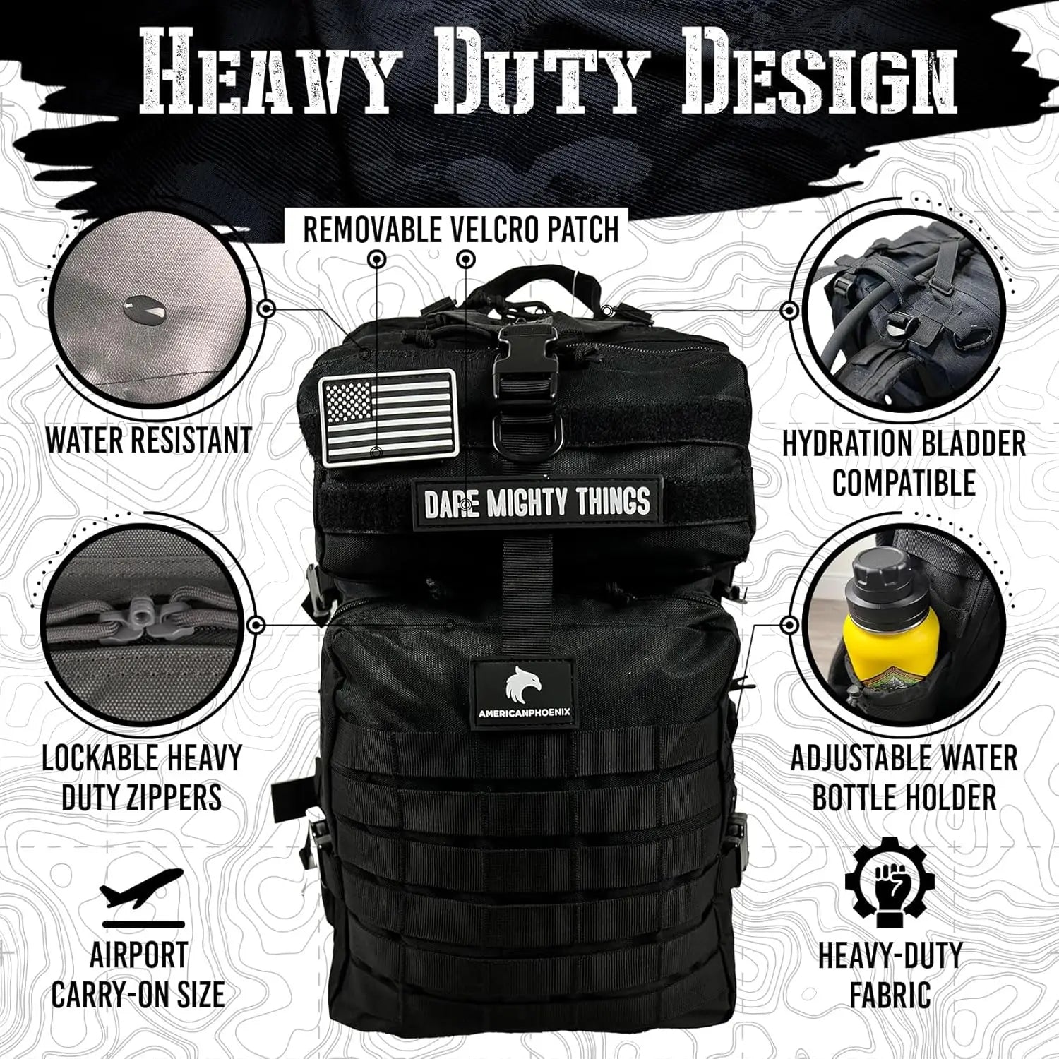 45L Elite Tactical Backpack, Water Resistant, Heavy Duty, 3 Day MOLLE Bug Out Bag - Carbon Black