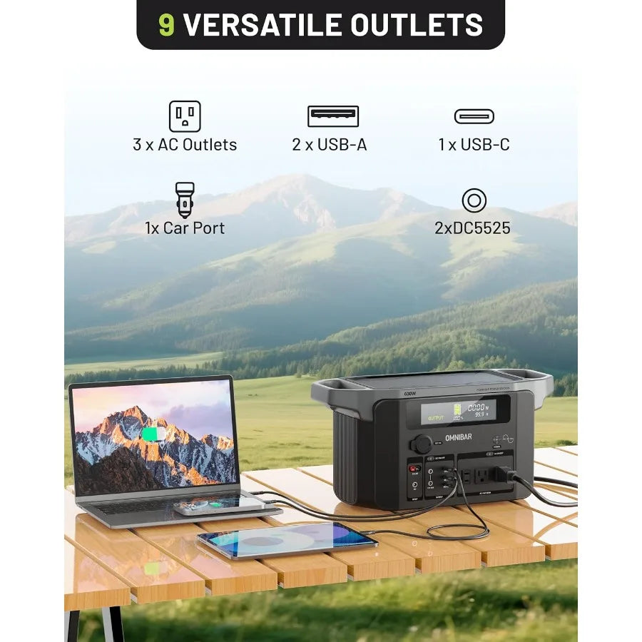 Portable Power Station 600W 655Wh 182 000mAh Solar Generator with 100W USBC Output 120V Pure Sine Wave AC Outlets for Outdoor C