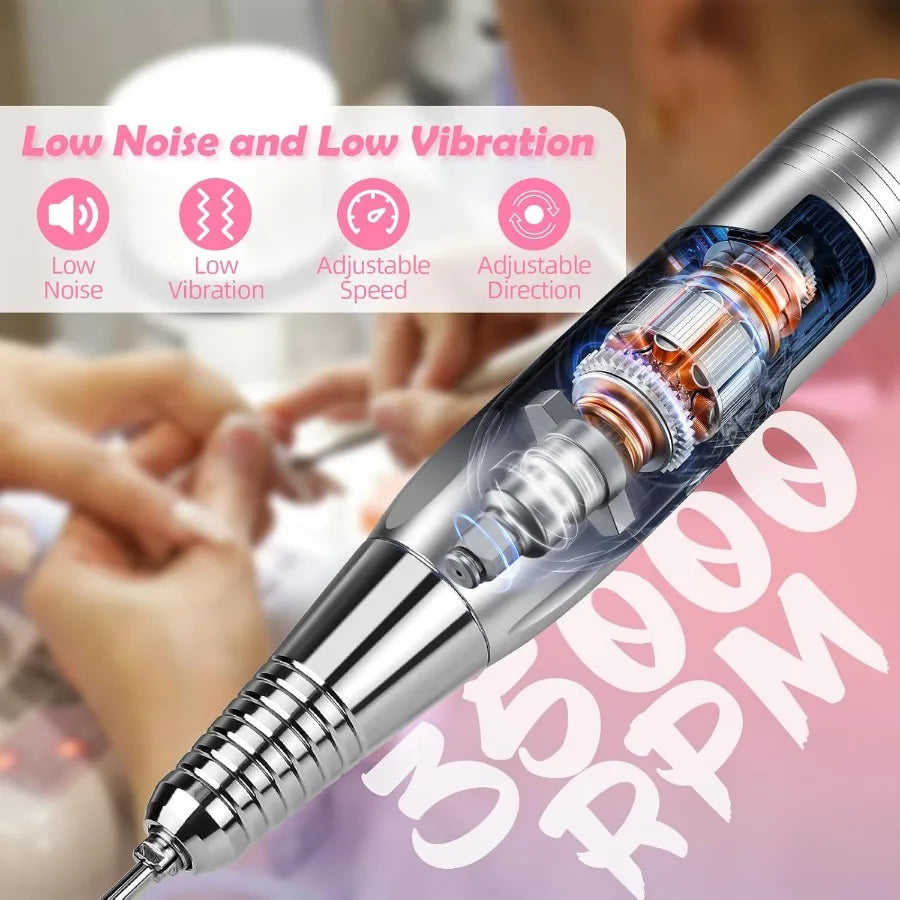 Portable Rechargeable Nail Drill Tool Kit with 35000RPM HighSpeed Electric Nail File and LED Display for Professional Manicure
