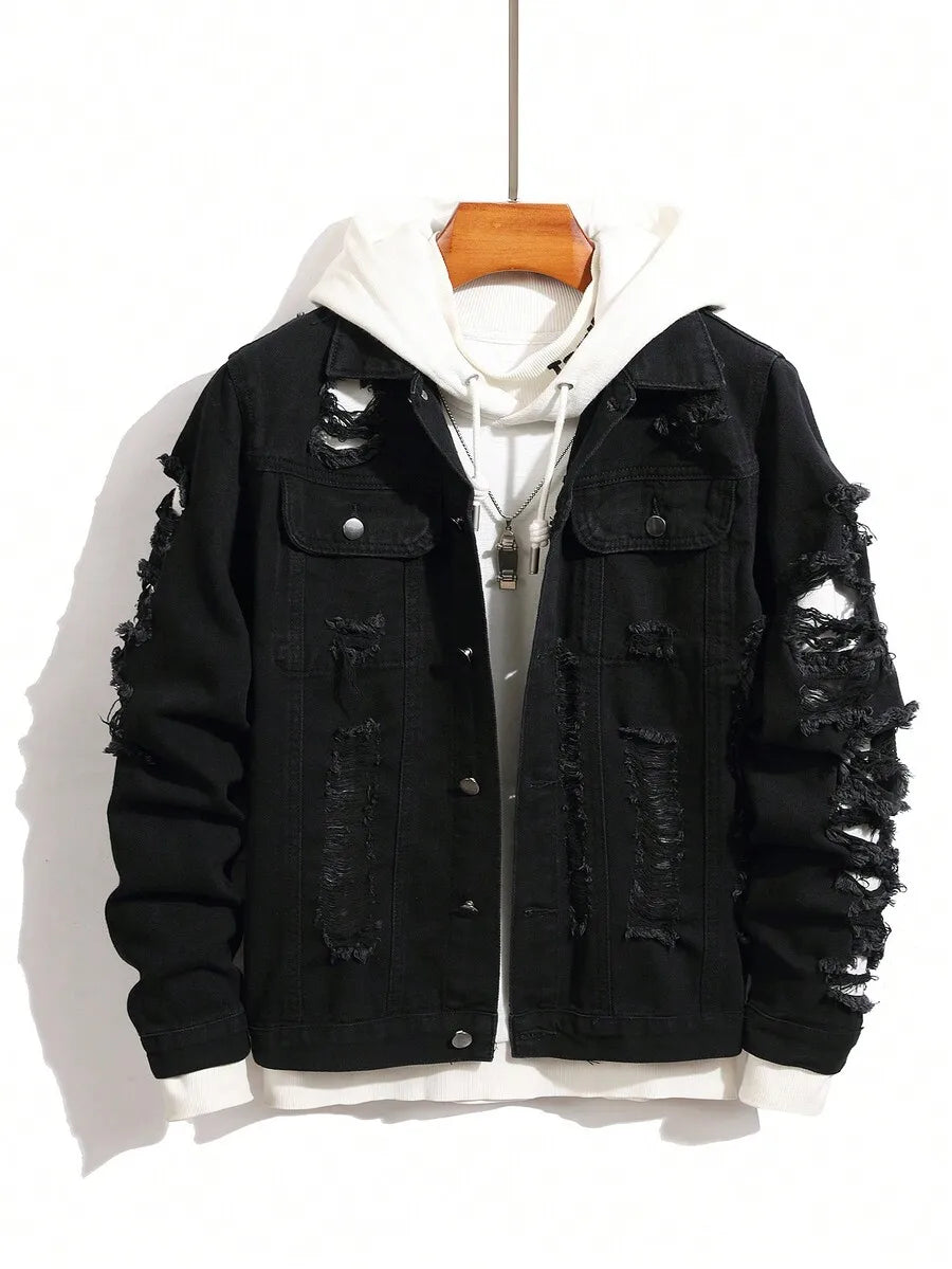 Men's Distressed Ripped Denim Jacket with Button Front, Casual Long Sleeve