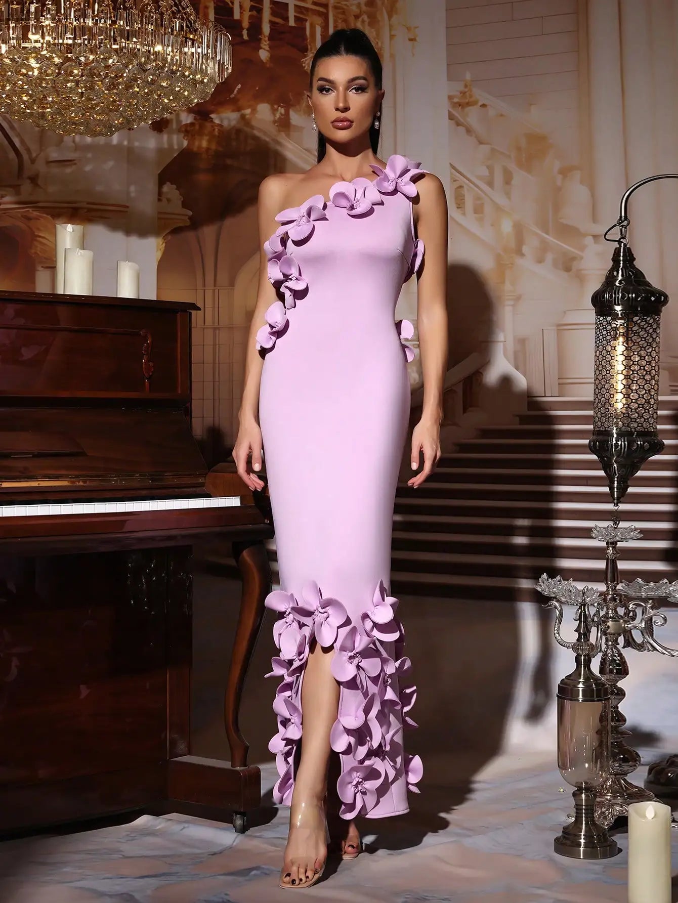Elegant 3D Floral One-Shoulder Fitted Evening Dress for Wedding Guest Party Formal Occasion