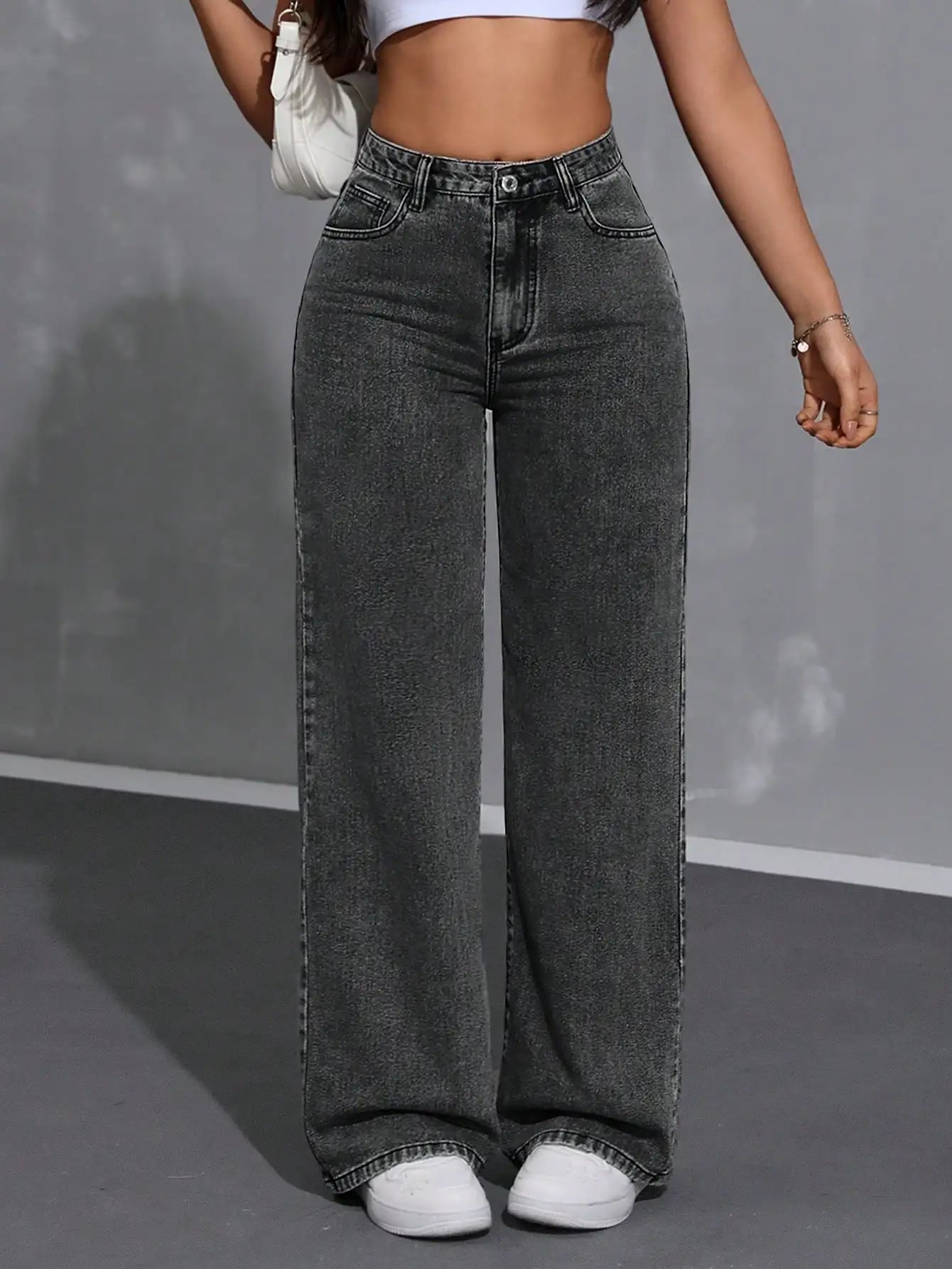 High Waist Wide Leg Black Denim Jeans for Women, Casual Streetwear Style