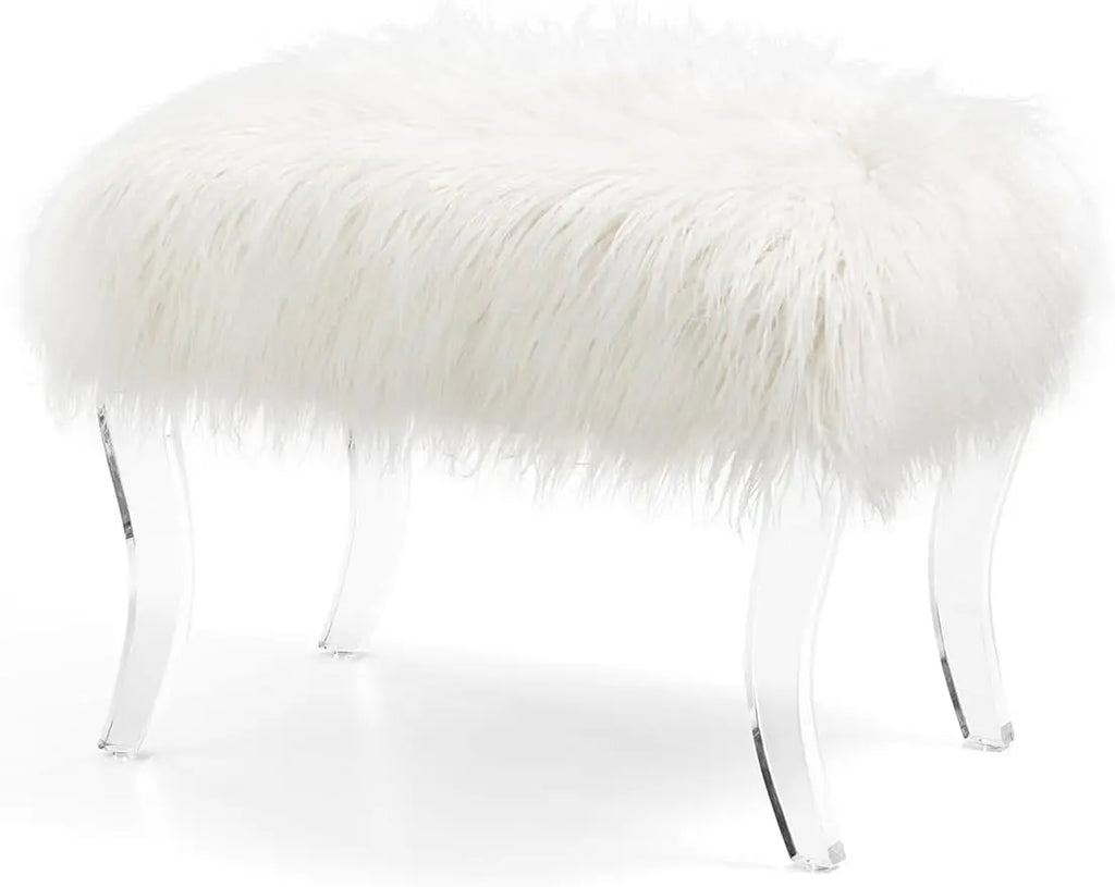 Modern Style White Faux Fur Ottoman Footrest Stool Vanity Stool with Acrylic Legs Accent Bench for Bedroom