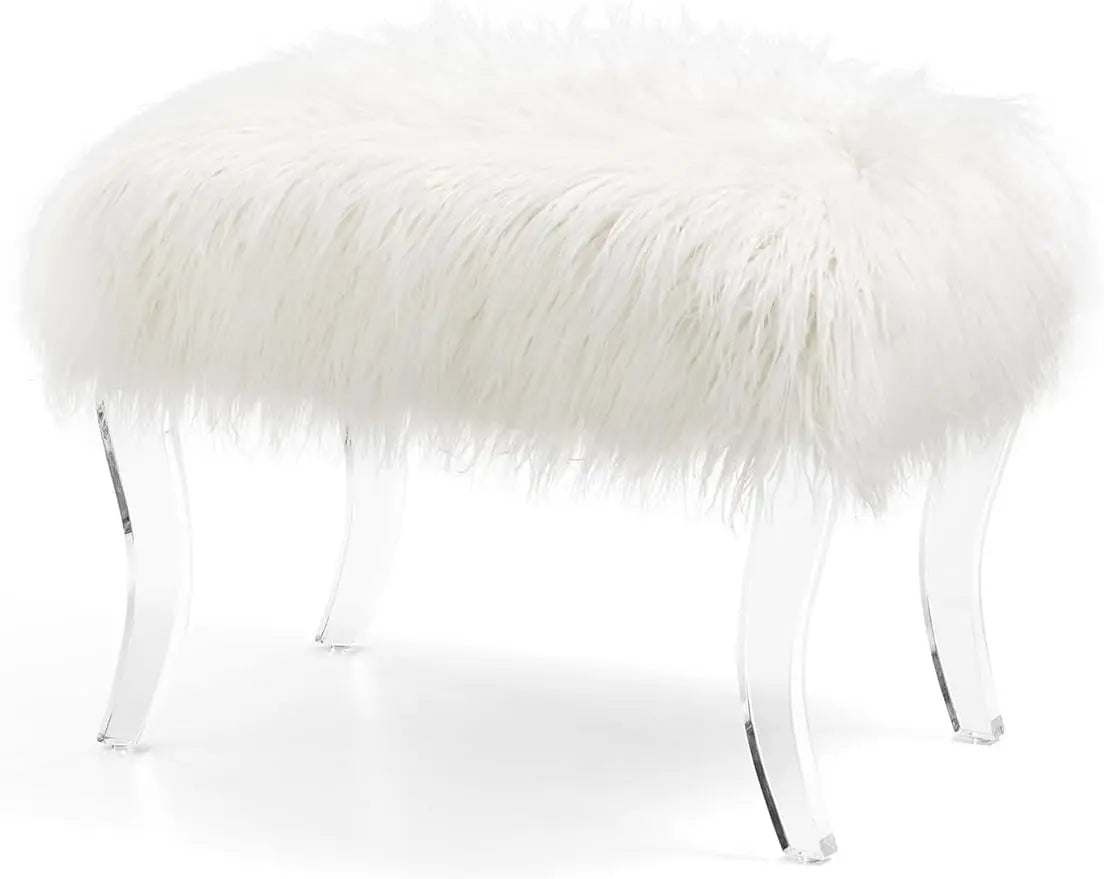 Modern Style White Faux Fur Ottoman Footrest Stool Vanity Stool with Acrylic Legs Accent Bench for Bedroom