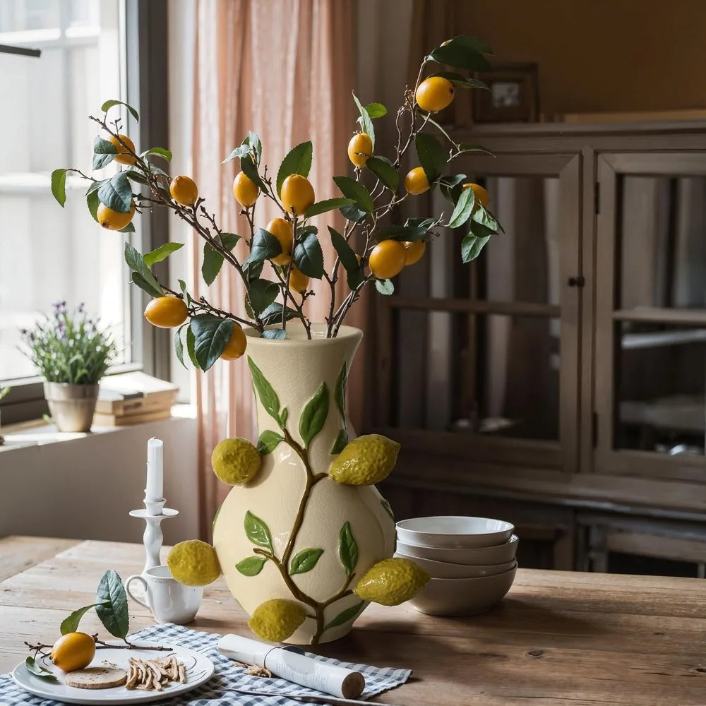 Unique Ceramic Flower Vase,Modern Decorative Pottery Vases for Dining Table Living Room Decor,Ivory with Red Strawberries