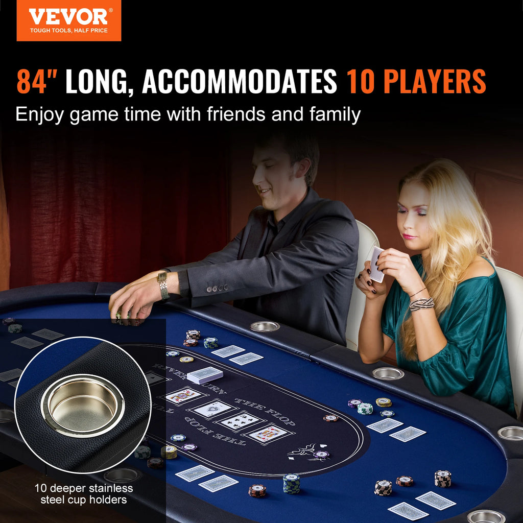SucceBuy 10 Player Poker Table 84" Blackjack Texas Holdem Poker Table Folding Card Board Game Table Oval Casino Leisure Table