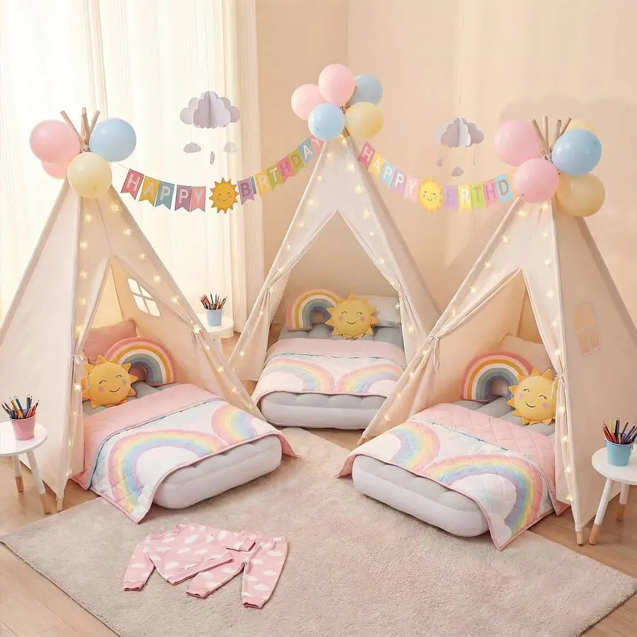 2 Pack Teepee Tent for Kids with Inflatable Airbed, Indoor Play Tent Foldable for Boys Girls Party Sleepover Slumber Gifts Toy