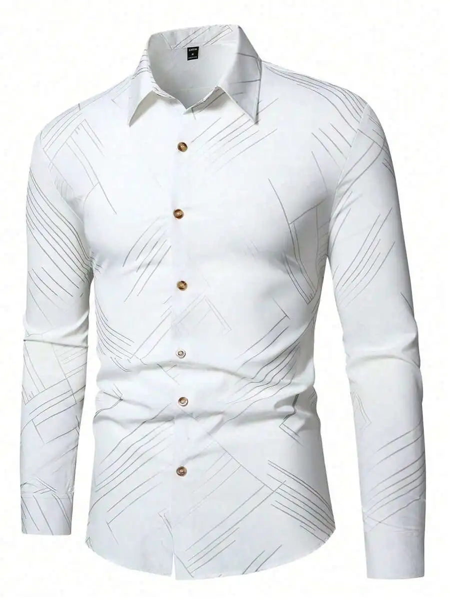 Men's Slim Fit Long Sleeve Button-Down Shirt with Geometric Line Print