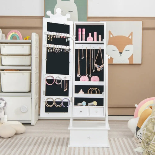 2-in-1 Kids Jewelry Armoire Full-Length Mirror Jewelry Organizer Girl W/ Drawers