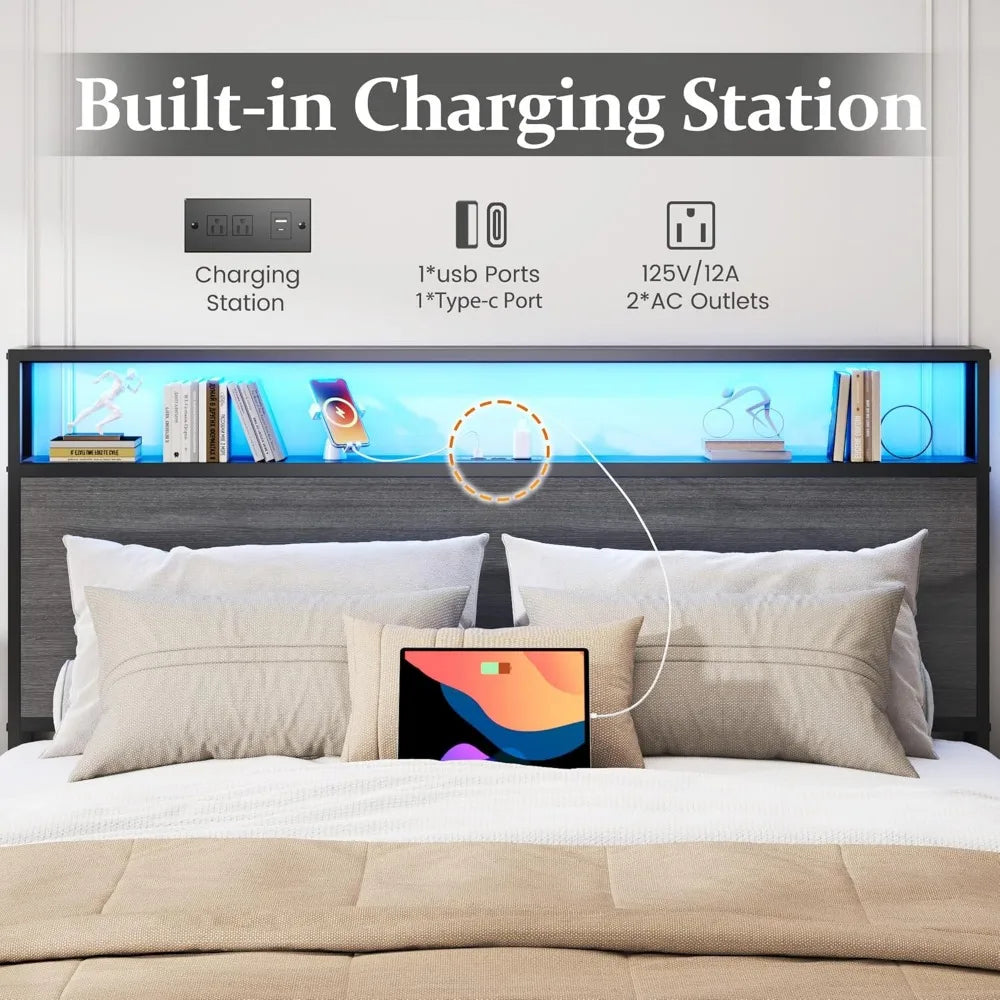 Queen Bed Frame with 2-Tier Storage Headboard, Metal Bed Frame with Storage Drawers & Built-in Charging Station & LED