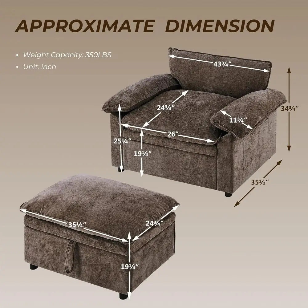 Oversized Chenille Chaise Lounge with Storage Ottoman, Plush Cloud Chair, Pillowed Armrests, Ideal for Living Rooms and Bedrooms