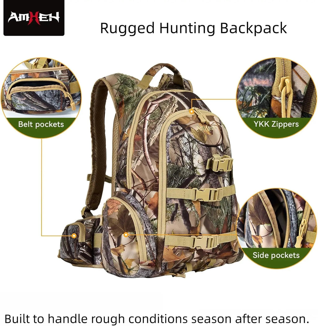 Hunting Backpack with Rifle Bow Holder 31L - Silent Anti Glare Hunt Day Pack with Quick Access, One Size Fits Most Camo