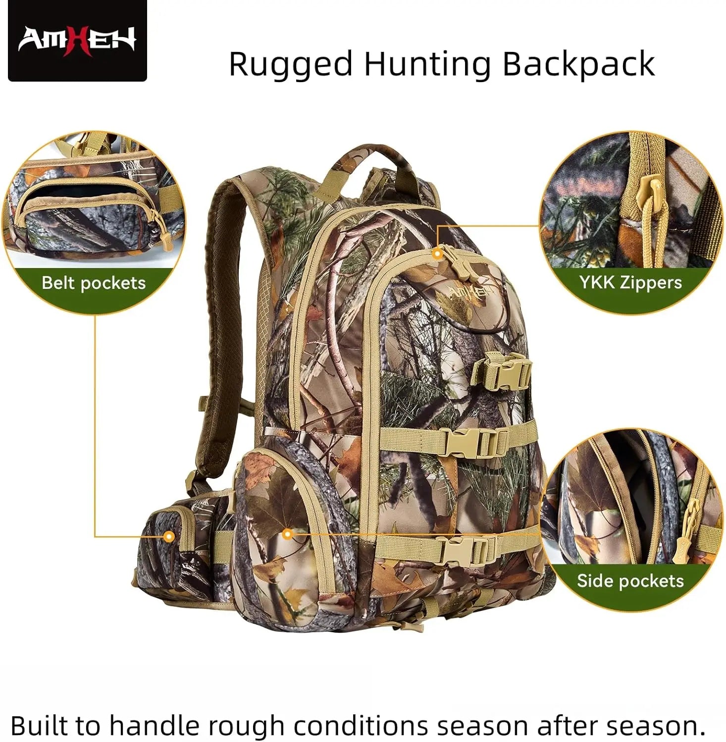 Hunting Backpack with Rifle Bow Holder 31L - Silent Anti Glare Hunt Day Pack with Quick Access, One Size Fits Most Camo