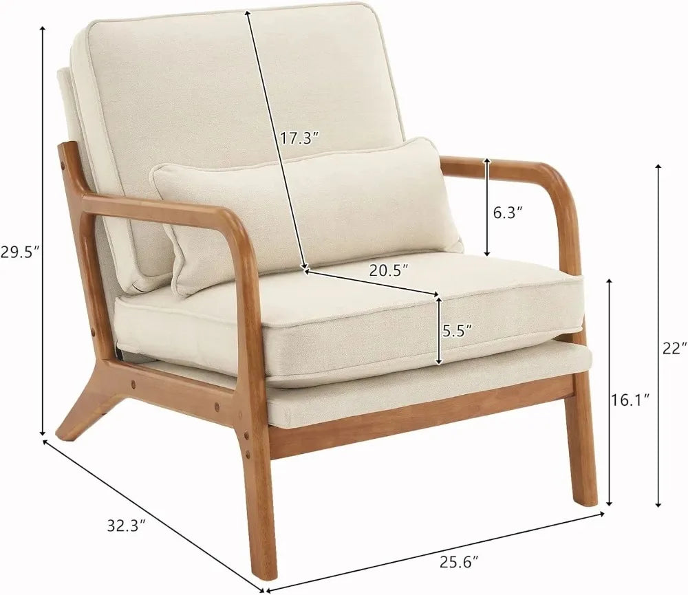 Mid-Century Modern Accent Chair, Living Room Chairs with Pillow Corduroy Upholstered Lounge Armchair with Solid Wood Frame