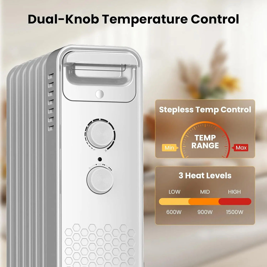 Portable Electric Radiator Heater, Space Oil Filled Heaters with 3 Heat Settings, Adjustable Thermostat, Overheat & Tip