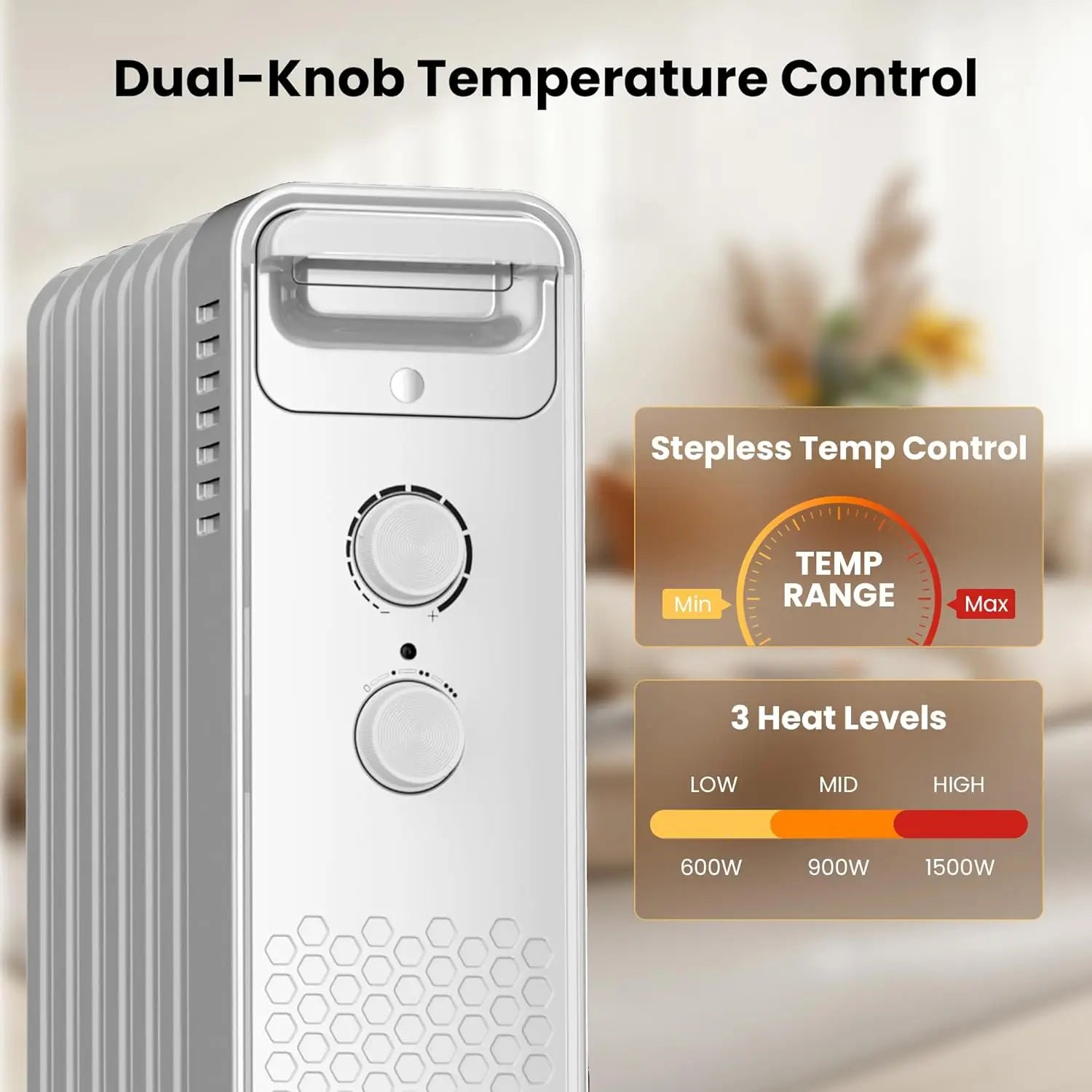 Portable Electric Radiator Heater, Space Oil Filled Heaters with 3 Heat Settings, Adjustable Thermostat, Overheat & Tip