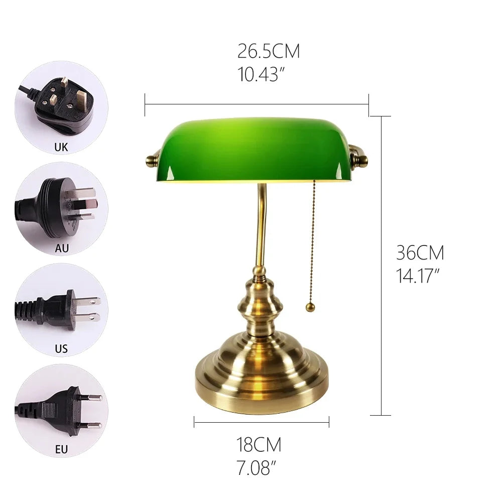 New Plug In Table lamp Glass Shade Bankers desk Lamp with Zipper Switch E27/E26 Living room Bedroom Bedside Sofa Library