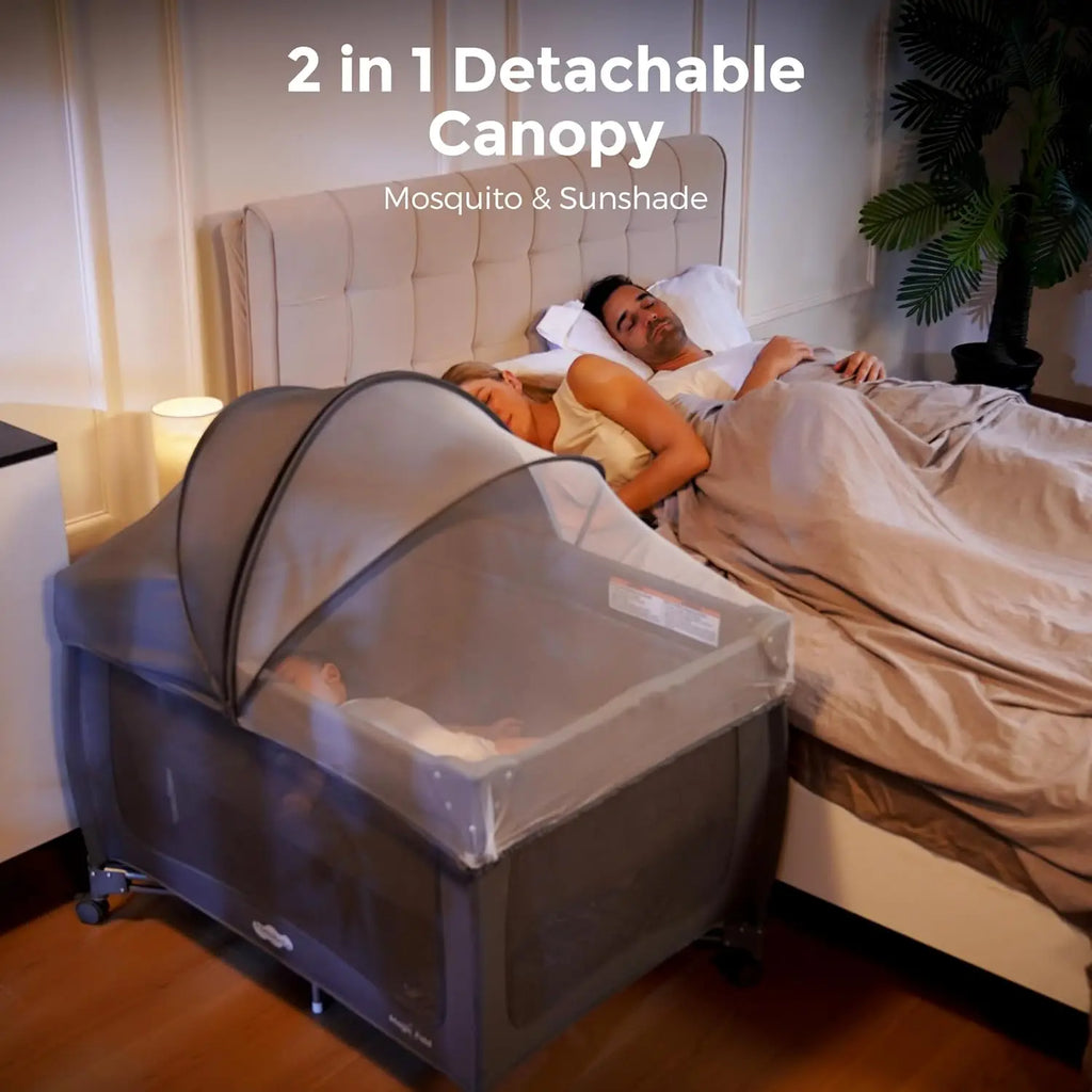 One-Step Fold 4-in-1 Portable Baby Crib with Bassinet, Mosquito Net, and Changing Table for Ages 0-3