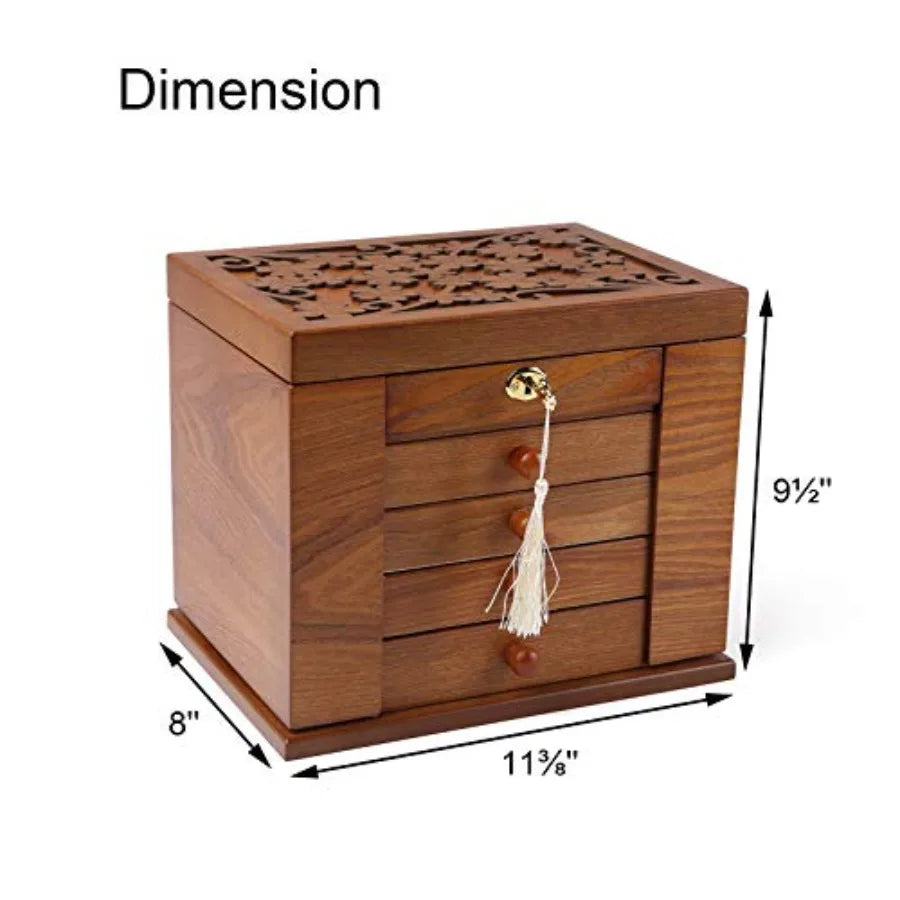 Wooden Jewelry Box for Women Organizer Box of Solild Wood with Lock and Key for Jewelries Watches Necklace Ring Lockable Storag