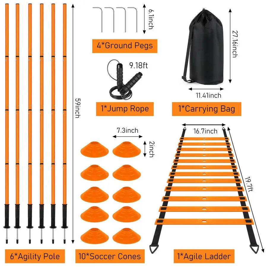 Agility Training Equipment 5 Adjustable Hurdles, 6 Soccer Agility Poles, 2 Agility Ladder, 10 Cones, Jump Rope