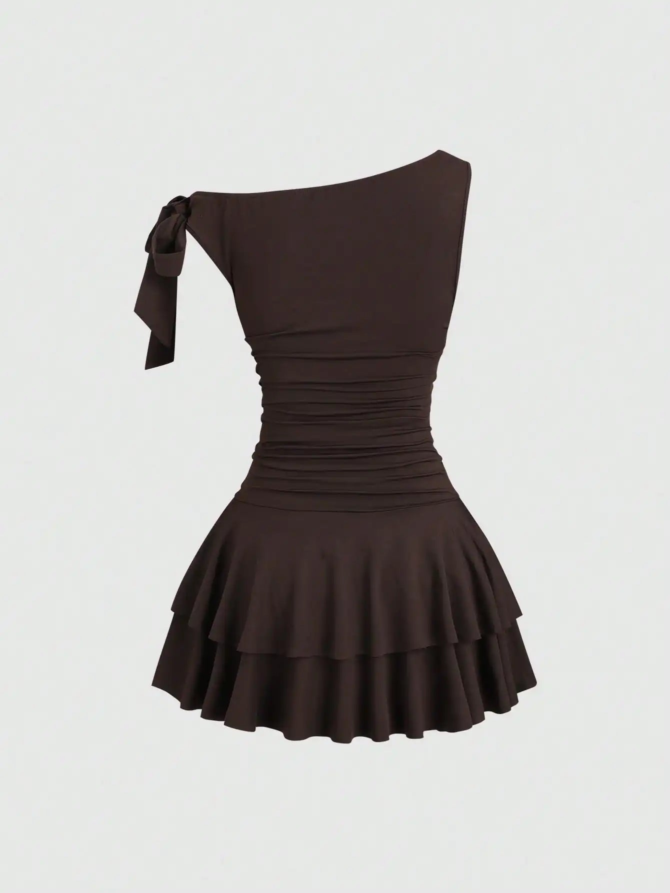 Women's One Shoulder Ruffle Mini Dress with Floral Brooch, Fitted Waist, Elegant Evening Wear