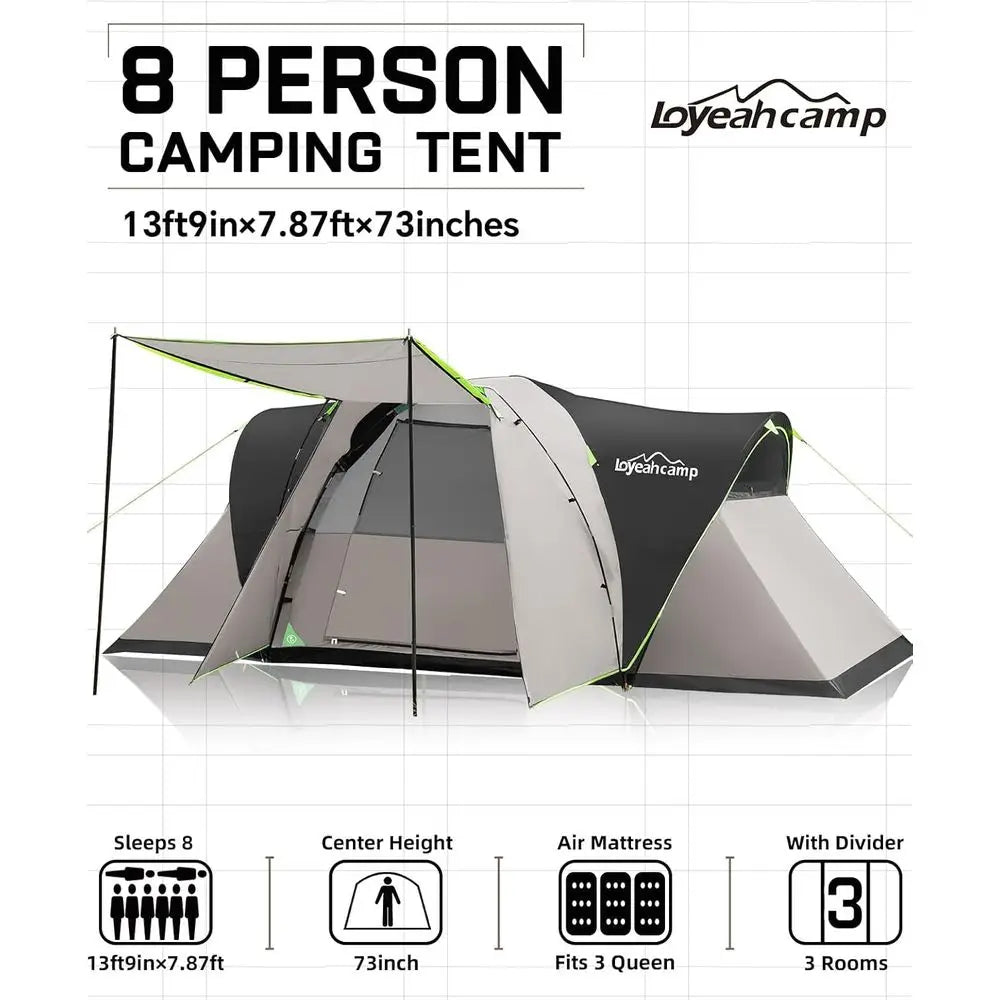 8-Person Family Camping Tent with 3 Rooms: Waterproof and Semi-Freestanding Dome Tent for Outdoor Adventures with Spacious Inter