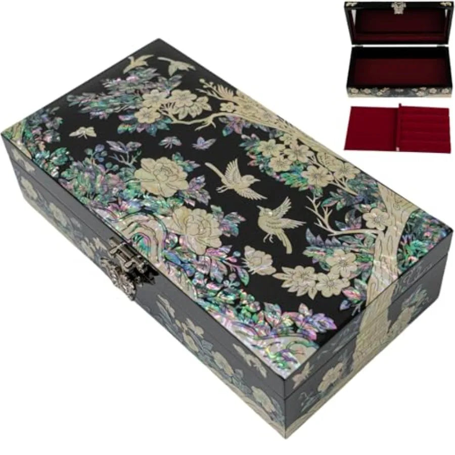 Mother of Pearl Large Jewelry Box with Ring Tray - Handmade Unique Gifts for Women - Abalone Shell Keepsake Decorative Box