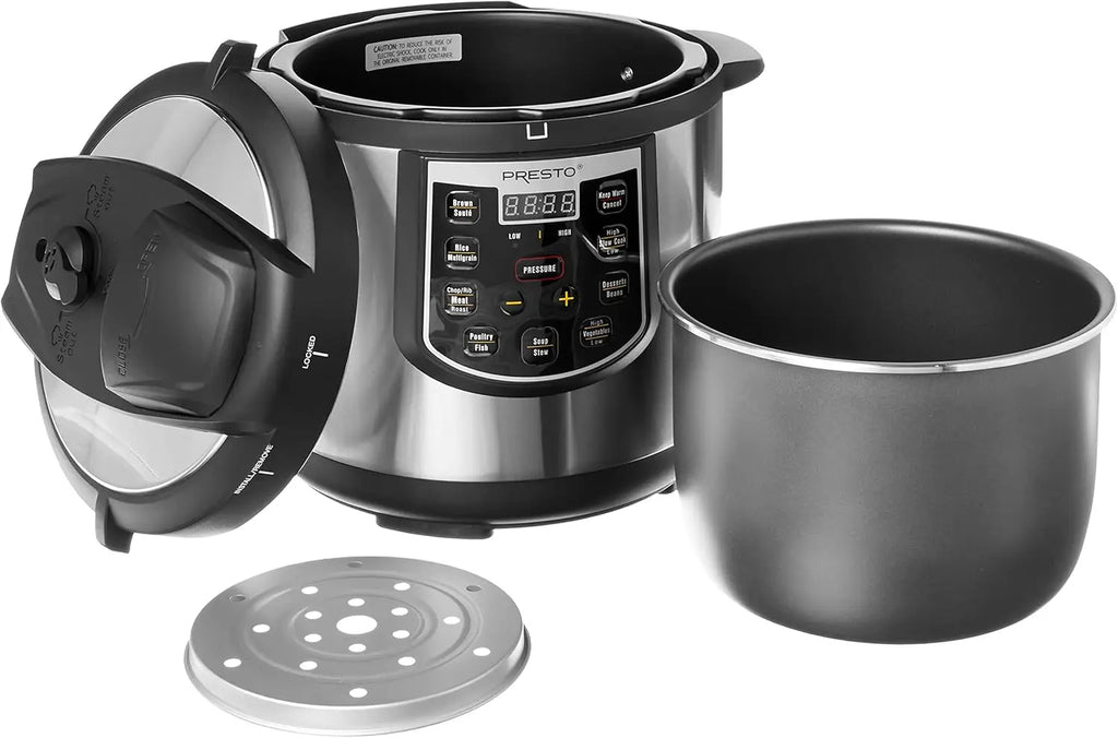 6-Quart Electric Pressure Cooker with Digital Display, Black and Silver Stainless Steel Design, Fast Cooking, Energy