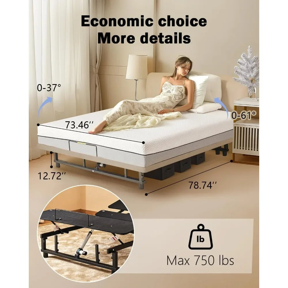 King Size Adjustable Bed Frame with Quiet Motor - Head & Foot Incline, Zero Gravity, Wireless Remote Control, Easy Customized