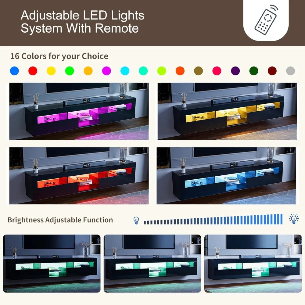 Floating TV Stand for 85 Inch TV, Wall Mounted with Cabinets, Black High Glossy Entertainment Center for Living Room